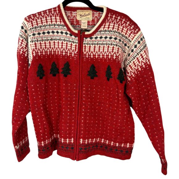Woolrich Sweaters - Woolrich Vintage Wool Winter Tree Red Fair Isle Zip Cardigan Women's Size Small